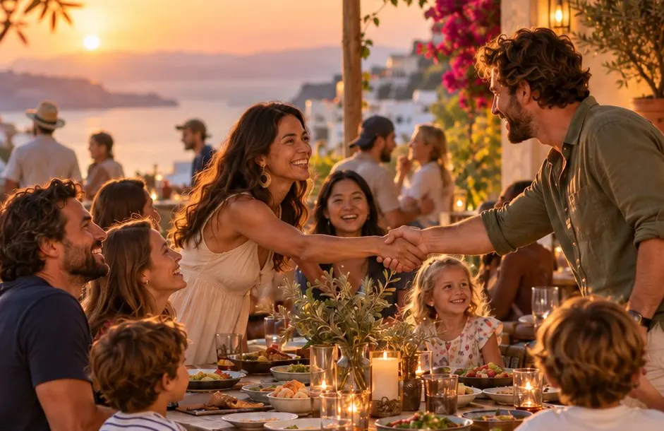 Brand scene: grown-ups and kids sharing a meal outdoors.