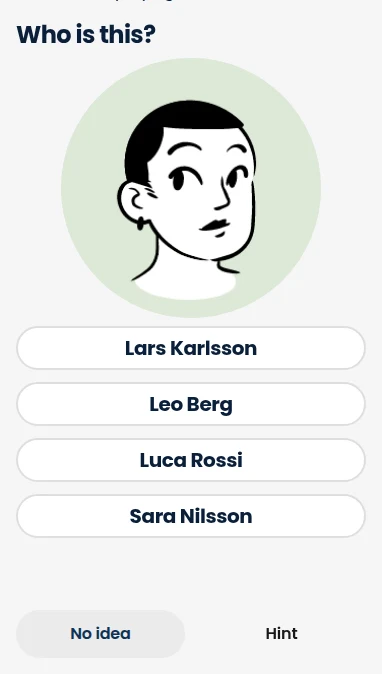Game screen: a face with four full-name choices and No idea and Hint buttons.